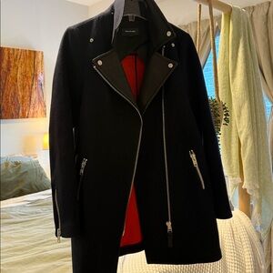 Mackage Phylis Wool Blend Leather Collar Coat in Navy w/ Asymmetrical Zip Sz. S